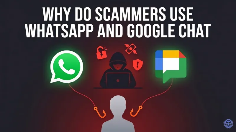 Scammers using WhatsApp and Google Chat warning illustration