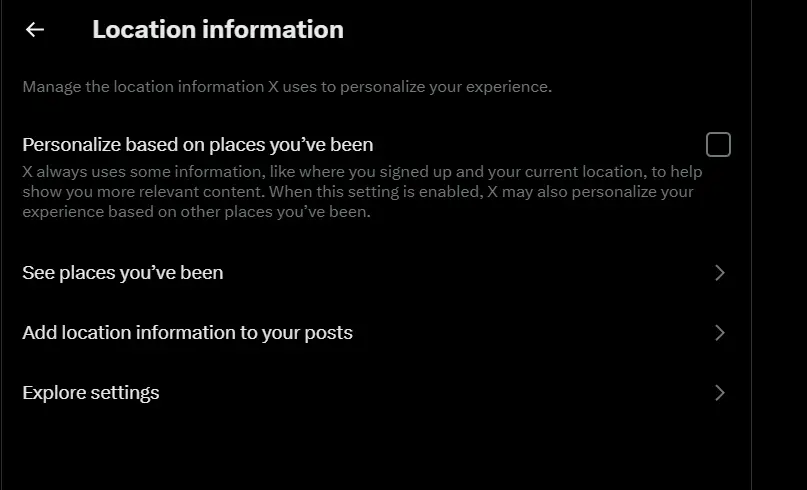 Twitter location information settings